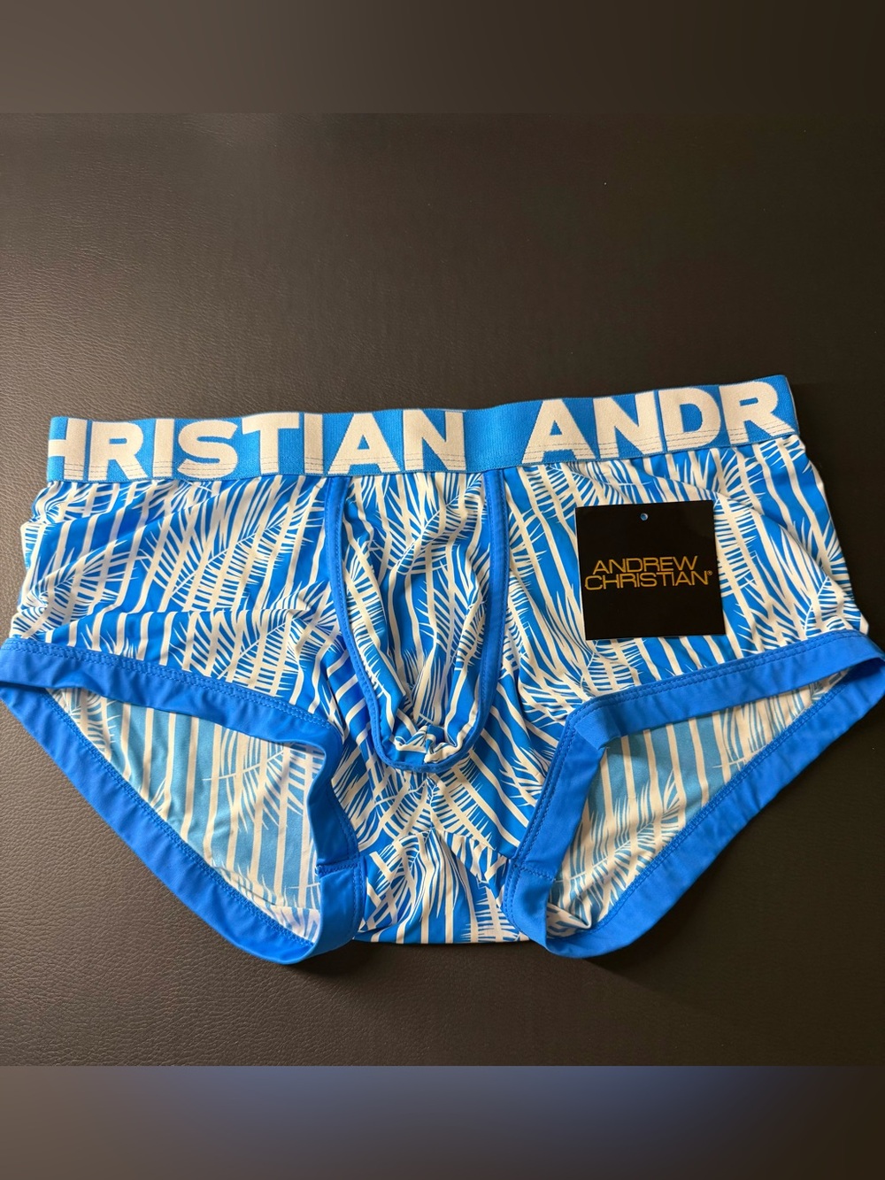 Andrew Christian Holiday Palm Frond Boxer Brief Medium Blue and White